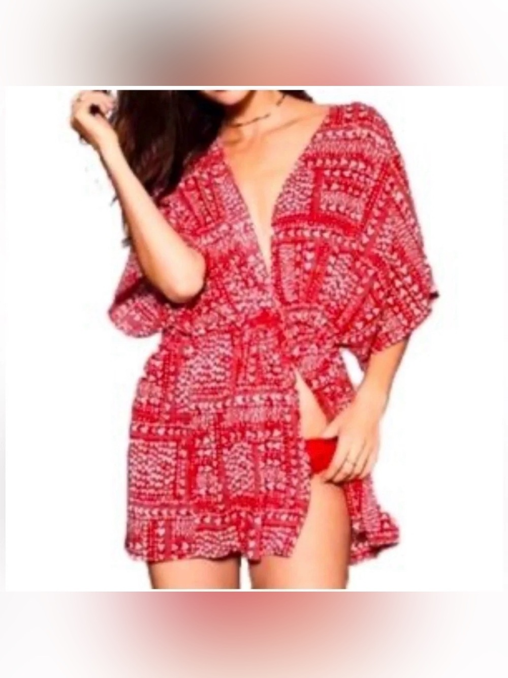 NWT Victoria's Secret Red Kimono Swim Cover Up Adjustable Cinch Waist One Size 1